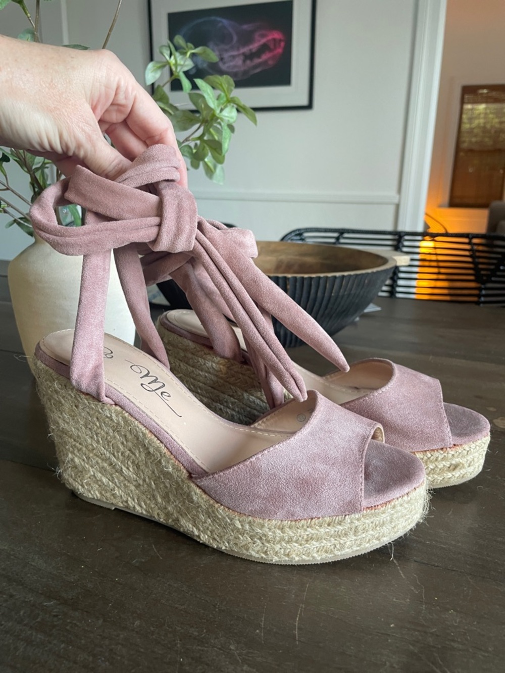 So Me Dusty Pink Suede Tie-Ankle Espadrille Wedges